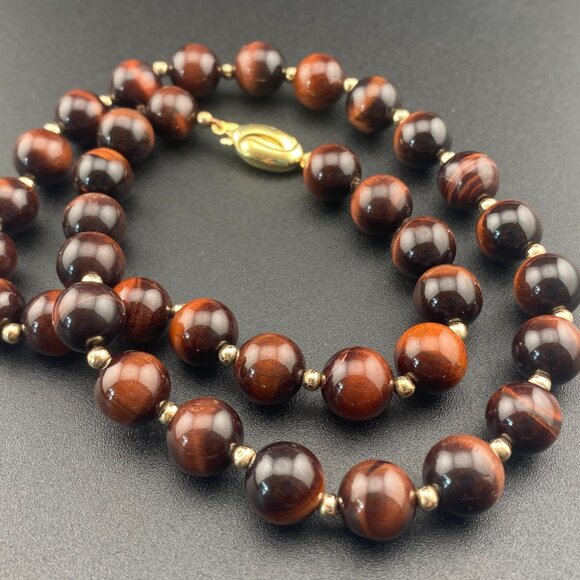 Vtg 9K Solid Gold Ball & 10mm Tigers Eye Beaded Necklace 18" - Lots of Gold - Picture 12 of 15